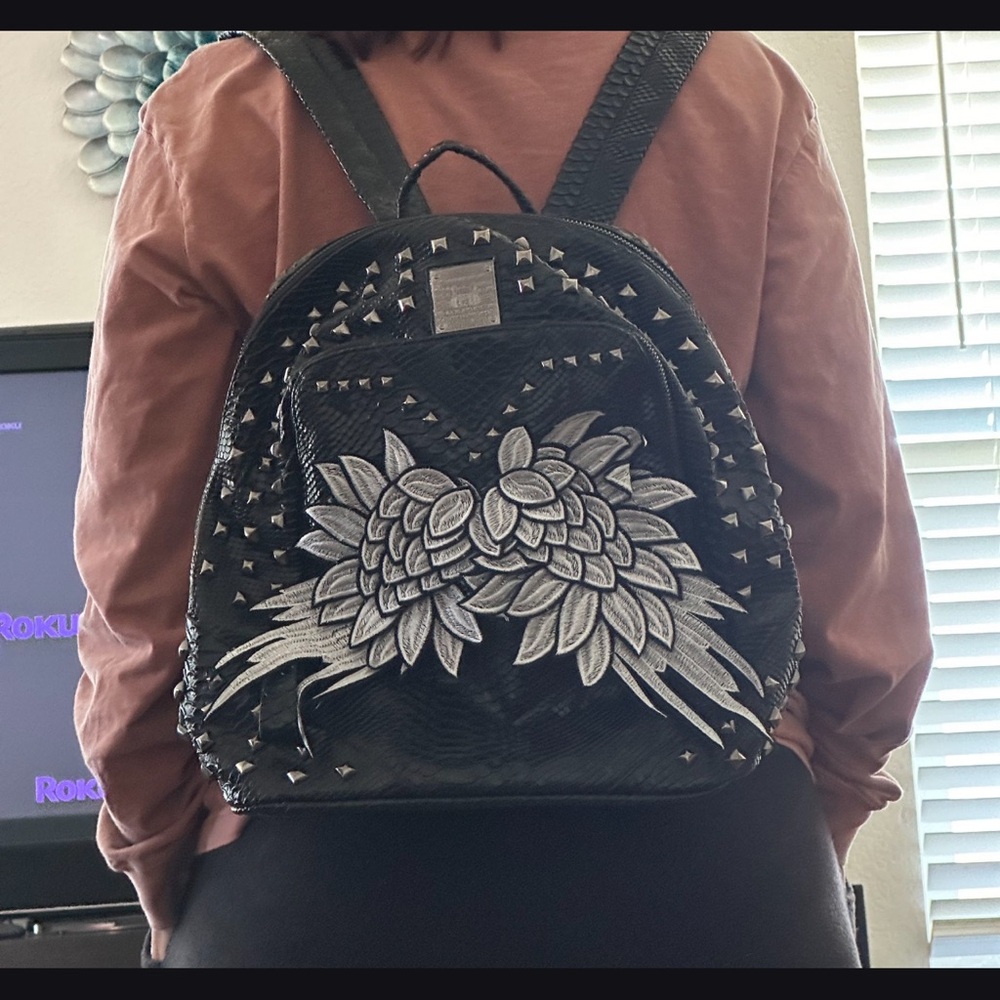 Studded Faux Embroidered Black Backpack with angel wings